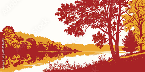 A serene landscape with trees and a body of water Vector