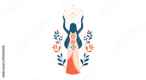 Woman silhouette holding dreamcatcher with chakras and floral elements, spiritual awakening concept.
