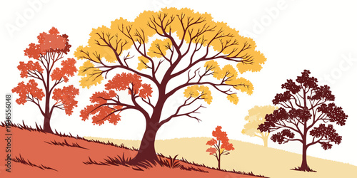 A colorful illustration of trees on a hillside in autumn Vector