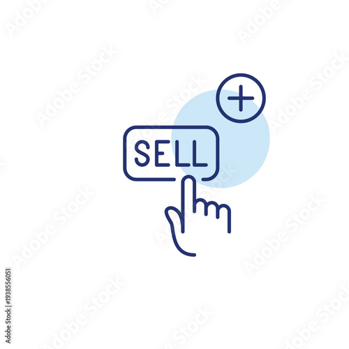 Finger clicking on sell button and plus symbol. Checkout entry, add to cart. Pixel perfect, editable stroke vector icon