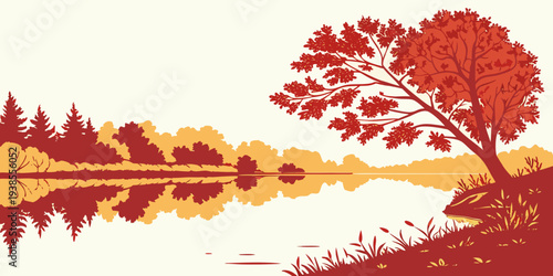 A serene landscape with a tree and its reflection Vector