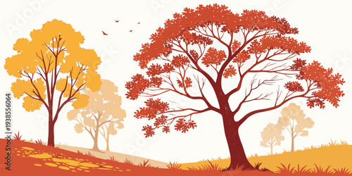 A colorful illustration of trees on a hillside during autumn Vector
