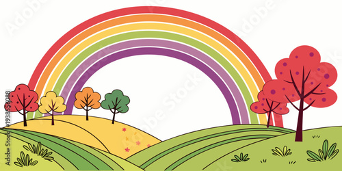 A colorful rainbow stretching over a green landscape Vector