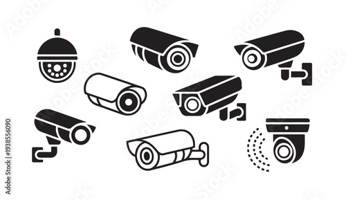 Collection of security cameras in various styles for surveillance systems and monitoring