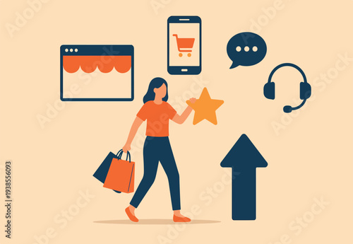 Omnichannel marketing, multi channel for customer to buy products, young woman customer with shopping bags buying from multi channel store, website, mobile and other chat and call center