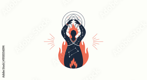 Mysterious figure in flames, holding a celestial orb, cosmic energy concept