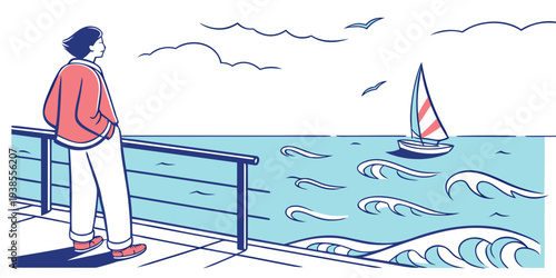A person stands on a pier looking out at a sailboat on the water Vector