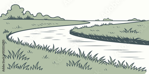 A serene landscape with a winding river and grassy banks Vector