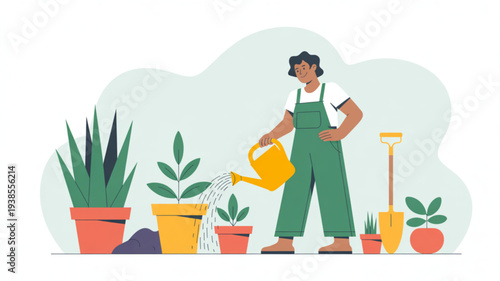 Person watering potted plants with a yellow watering can in a garden setting with green overalls and a white shirt