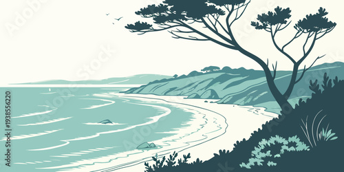A serene landscape with a tree on a hill overlooking the ocean Vector