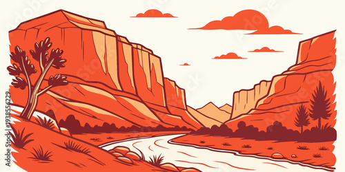 A pixelated image of a red rocky landscape with a river Vector