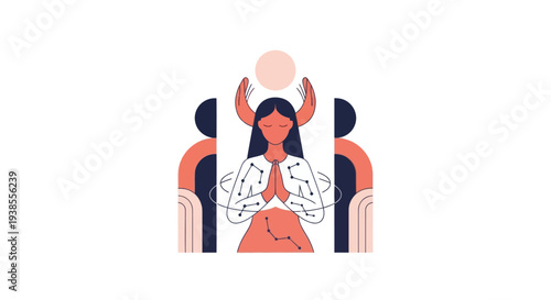 Woman meditating with abstract figures, inner peace, spiritual connection, self-care