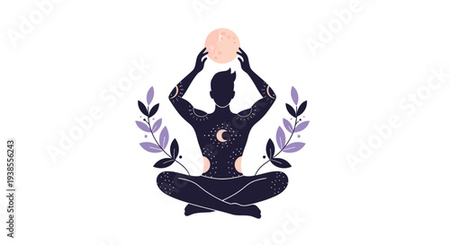 Man meditating with moon and stars, spiritual connection, cosmic energy, peaceful illustration