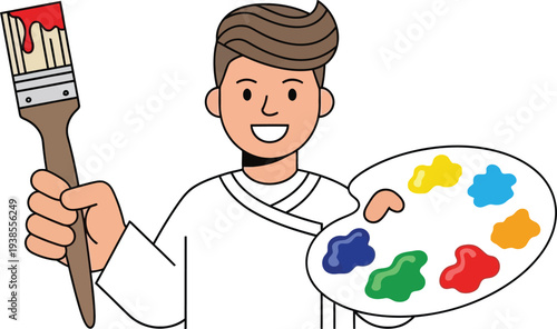 Smiling young artist holds large paintbrush and colorful paint palette.