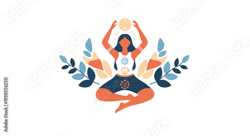 Woman Meditating with Chakra Symbols and Floral Elements, Yoga Pose