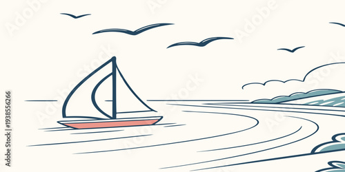 A sailboat on the water with birds flying overhead Vector