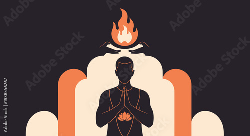 Man meditating with hands in prayer, lotus symbol, fire offering, spiritual enlightenment concept