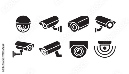 Solid icons of security cameras various types for surveillance and monitoring systems