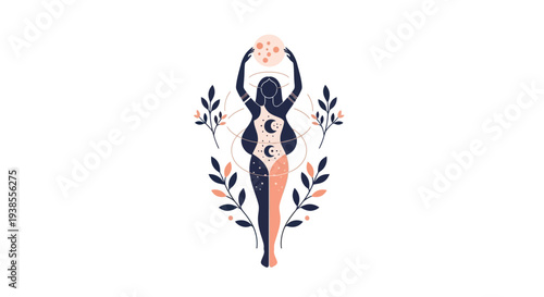 Celestial Woman Holding Moon, Mystical Symbolism, Boho Art Style