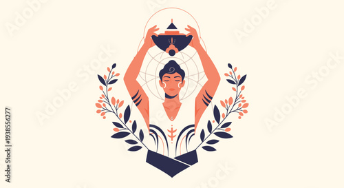 Man holding offering bowl with floral elements, spiritual concept, flat illustration