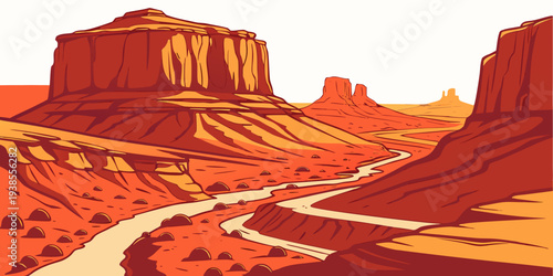 A desert landscape with a road and rock formations Vector