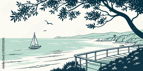 A serene seascape with a tree and a small boat Vector