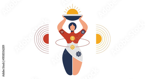 Woman with Sun and Chakras, Spiritual Energy, Balance, Harmony, Yoga Illustration