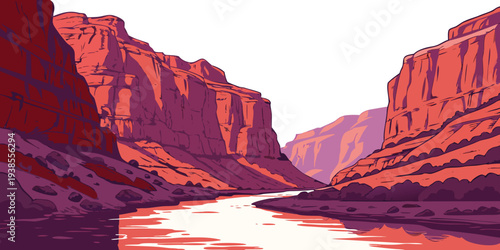 A river runs through a canyon with red rock formations Vector