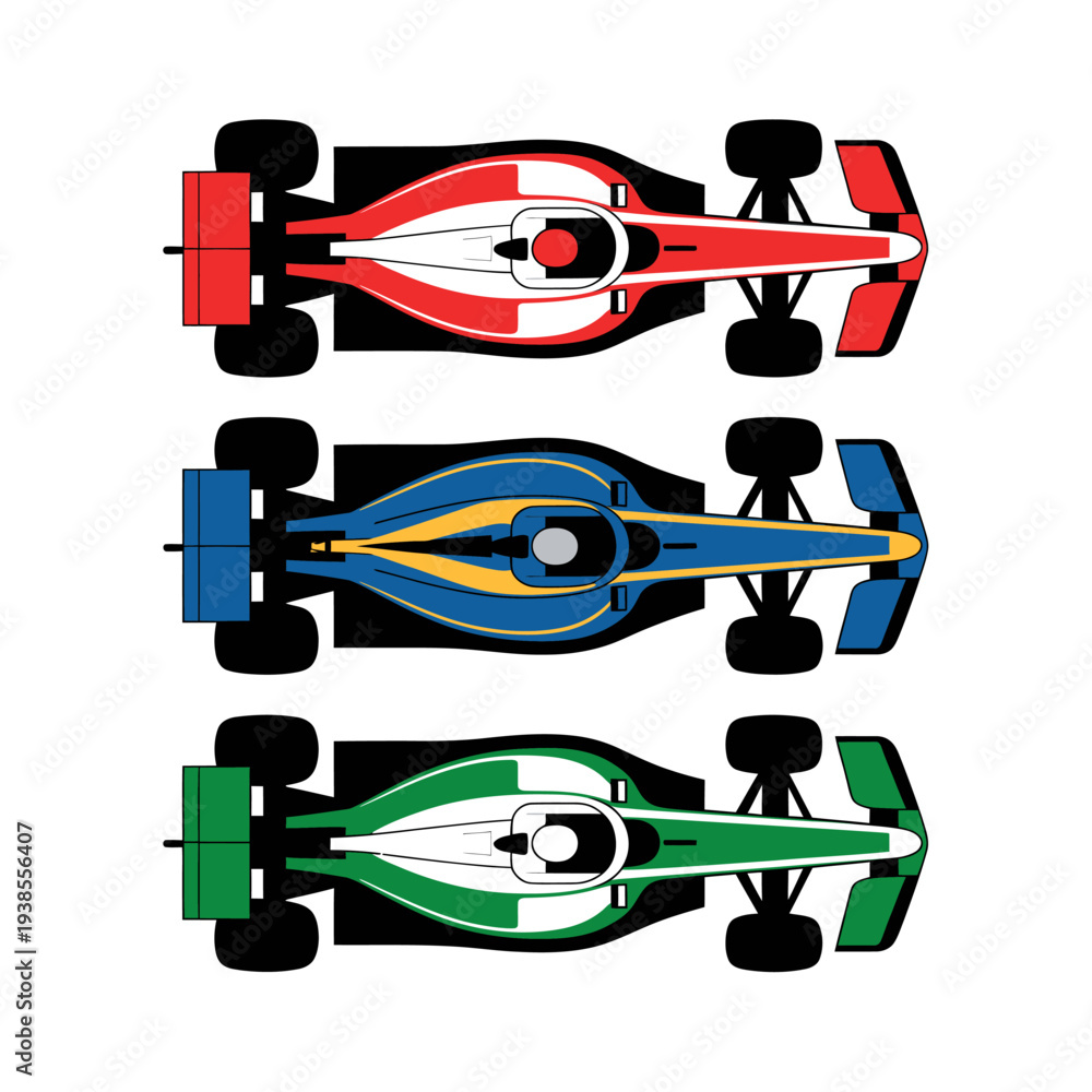 Fototapeta premium Top view of three racing cars in different colors on white background