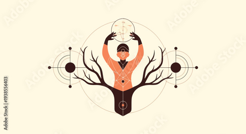 Person holding a glowing orb with tree branches and geometric patterns