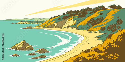 A serene beach scene with a sandy shore and turquoise water Vector