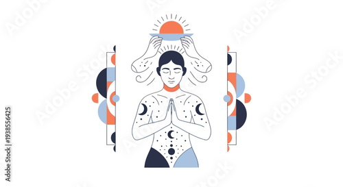 Person in meditative pose with celestial symbols, sun and moons, abstract art