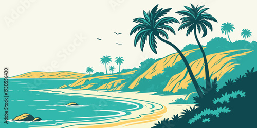 A serene tropical beach with palm trees and calm waters Vector