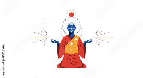 Meditating Monk with Spiritual Energy and Enlightenment Symbol