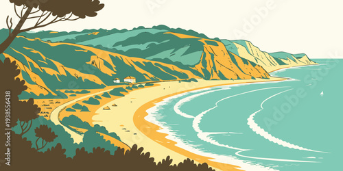 A serene beach scene with a tree on a cliff overlooking the ocean Vector