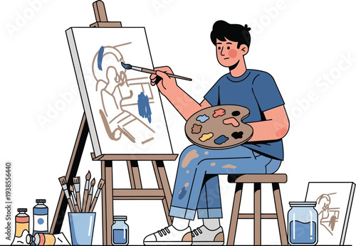 Young male artist sits while sketching a figure on an easel with paints.