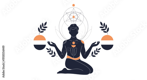 Celestial Balance: Woman in Yoga Pose with Cosmic Symbols
