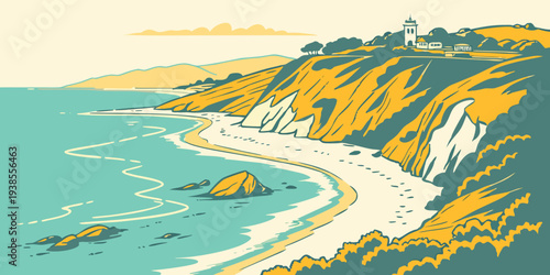 A winding beach on a rocky coastline Vector