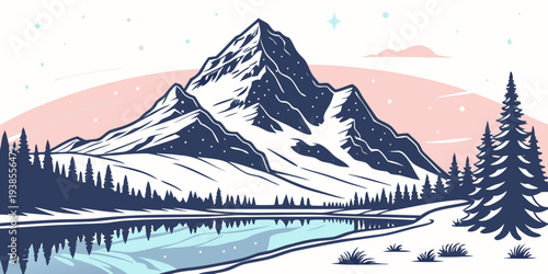 A serene mountain landscape with a lake and trees Vector