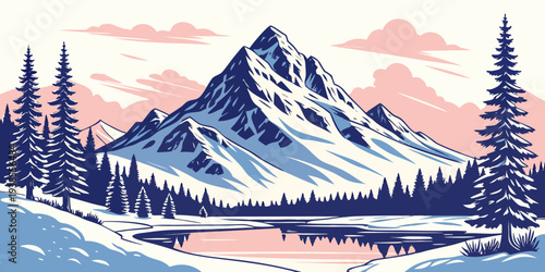 A serene winter landscape with a snow covered mountain Vector
