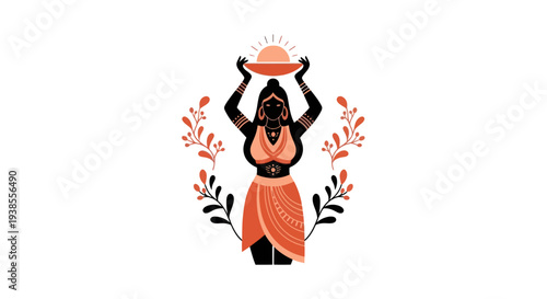 Tribal Woman Holding Sun Offering, Floral Border, Ethnic Art
