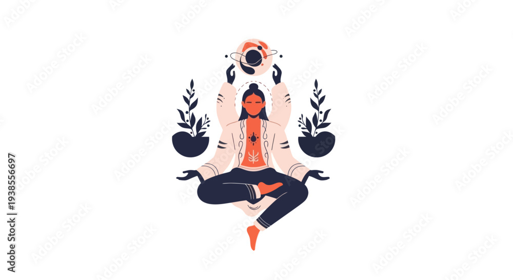 Obraz premium Person meditating with cosmic energy, plants, and spiritual symbols