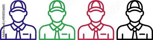 Worker icons in blue green red and black different professions and teamwork symbols