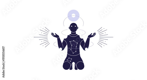 Mystical Figure with Open Arms, Cosmic Energy, Celestial Body Above