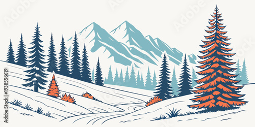 A snowy mountain landscape with pine trees and a cabin Vector