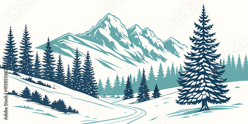 A serene winter landscape with snow covered trees and mountains Vector