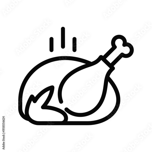 Minimalist Roasted Chicken Icon, Line Art Vector of Turkey on Platter with Steam