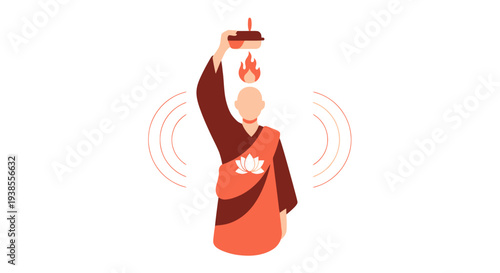 Buddhist Monk Performing Ritual with Fire and Lotus Flower Illustration