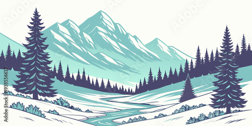 A serene winter landscape with snow covered mountains and evergreen trees Vector