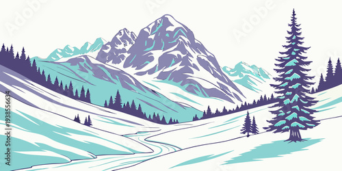 A serene winter landscape with a mountain range Vector